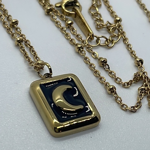 Gold Tone Moon 🌙 Black Enamel Pendant Necklace - Picture 1 of 9